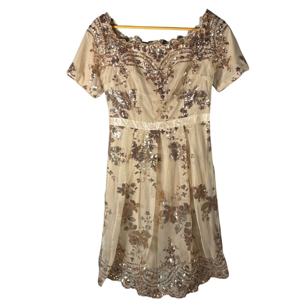 Beaded Sequin Cap Sleeve Square Neck Party Dress Beige‎ M